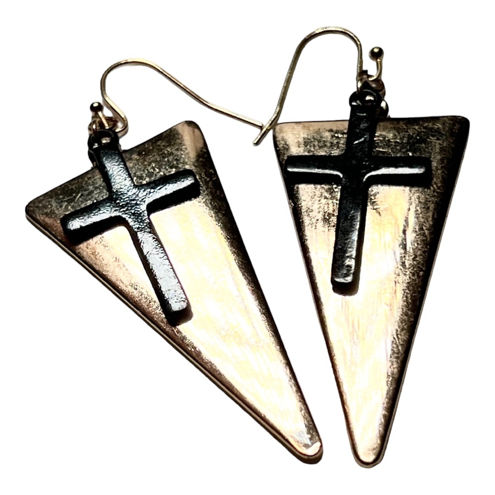 Gold tone triangle and black cross dangling earrings